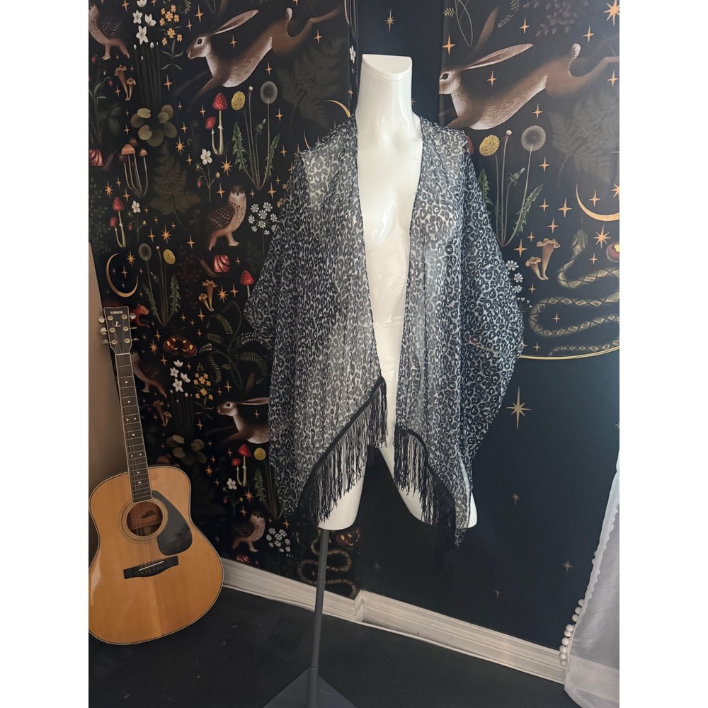 Womens Sheer Leopard Print Kimono Wrap Fringe Trim Grey Black Animal Print OS